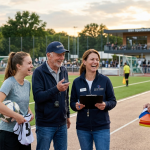 Verschiedene Generationen und unterschiedliche Facetten des ehrenamtlichen Engagements im Sport – von der Trainerin am Spielfeldrand bis zum Betreuer mit der Stoppuhr. Die positive Stimmung auf dem Haller Sportplatz unterstreicht genau die Botschaft. Bild: Gemini-generiert